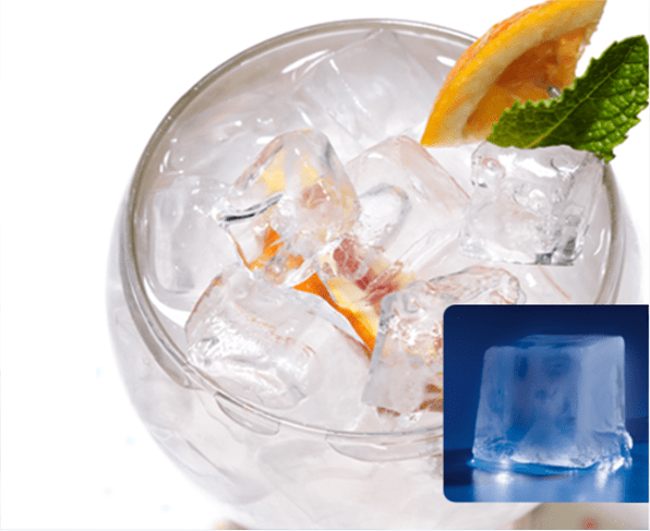 ice cubes in a bowl and decorated with orange slices and mint
